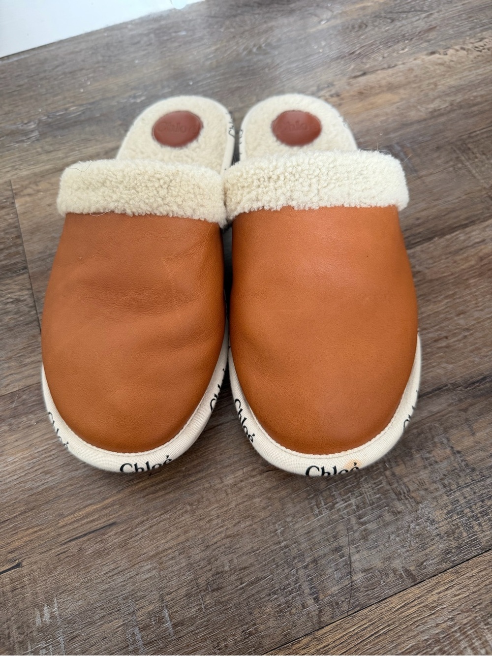 Chloé Tan Leather Slip-On Shearling-Trim Slippers